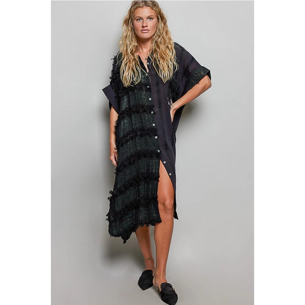 POL Dangle Trim Textured Cotton Oversized Long Shirt Dress - Black - Picture 2 of 6